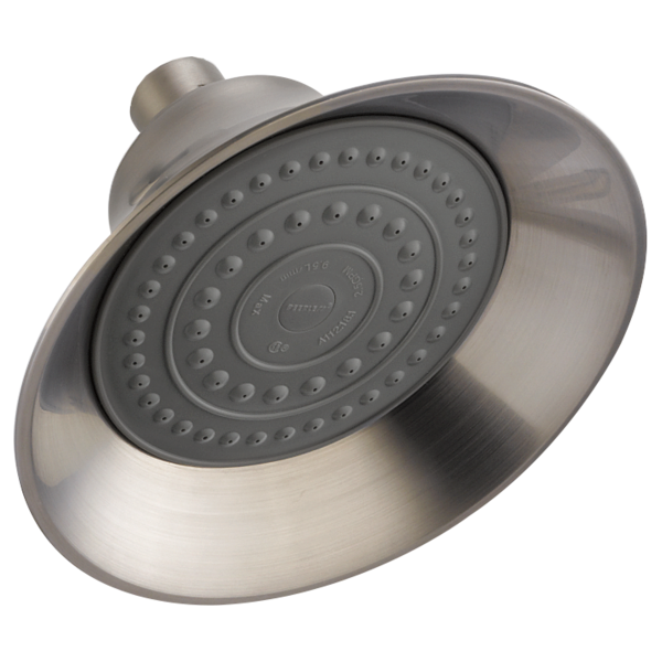 Stainless steel raincan shower head with multiple spray jets arranged in concentric circles and cylindrical arm mount.