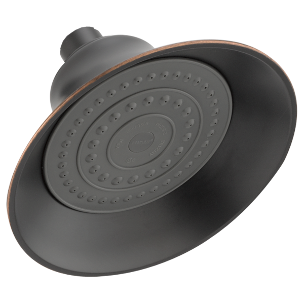 Matte black raincan shower head with concentric circular spray holes and oil-rubbed bronze trim ring.