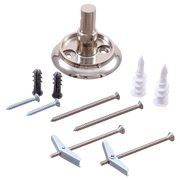 Polished nickel circular mounting plate with central post and assorted installation hardware including screws, anchors, and t