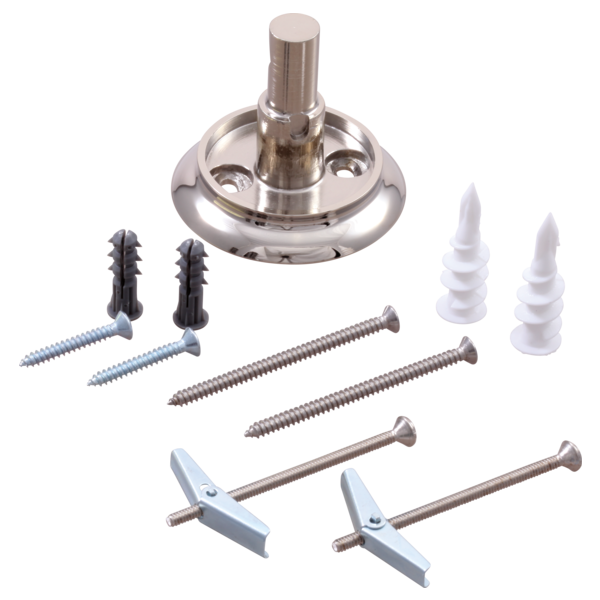 Polished nickel circular mounting plate with central post and assorted installation hardware including screws, anchors, and t