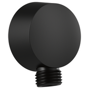 Matte black spherical wall elbow with threaded male connector for shower handshower installation.