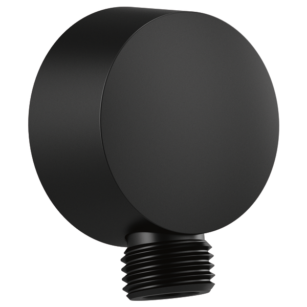 Matte black spherical wall elbow with threaded male connector for shower handshower installation.
