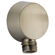 Brushed nickel wall elbow with threaded connection for shower handshower attachment.