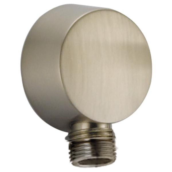 Brushed nickel wall elbow with threaded connection for shower handshower attachment.