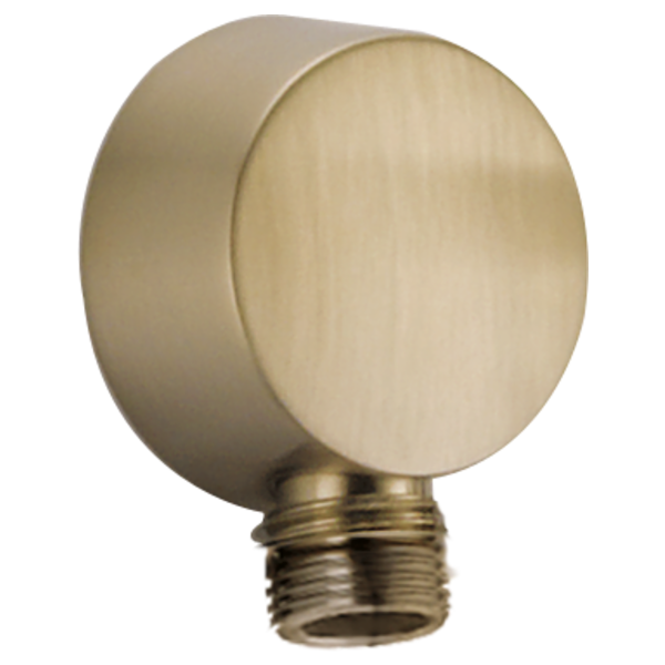 Luxe gold wall elbow with circular knob design and threaded brass connection for shower handshower mounting.