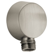 Brushed nickel wall elbow with threaded connection for shower hose attachment.