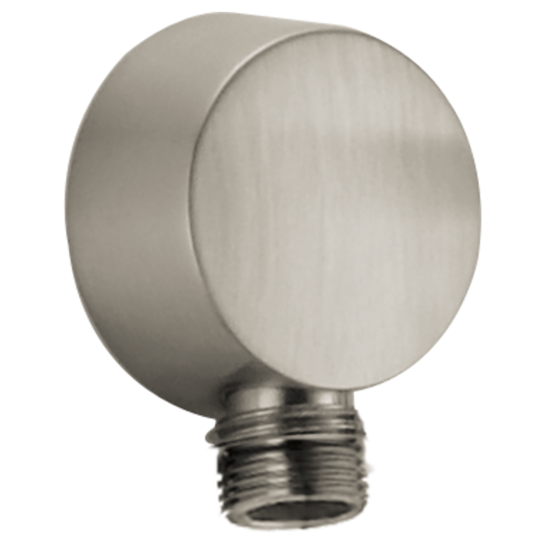 Brushed nickel wall elbow with threaded connection for shower hose attachment.