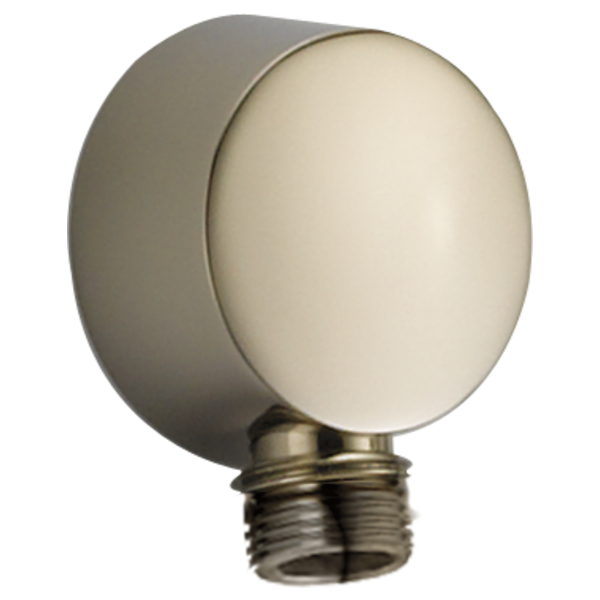 Polished nickel spherical wall elbow with threaded connection for shower handshower attachment.