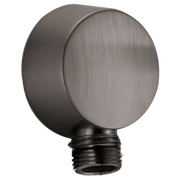 Brushed steel wall elbow with threaded connection and circular mounting plate for shower handshower installation.