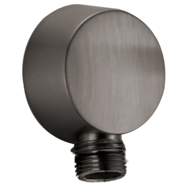 Brushed steel wall elbow with threaded connection and circular mounting plate for shower handshower installation.