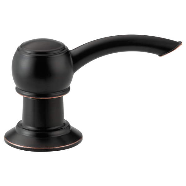 Black soap dispenser with spherical pump head, curved spout, and round base with copper-tone accents.