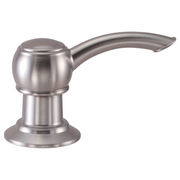 Brushed stainless steel soap dispenser with rounded pump head and curved spout on cylindrical base.