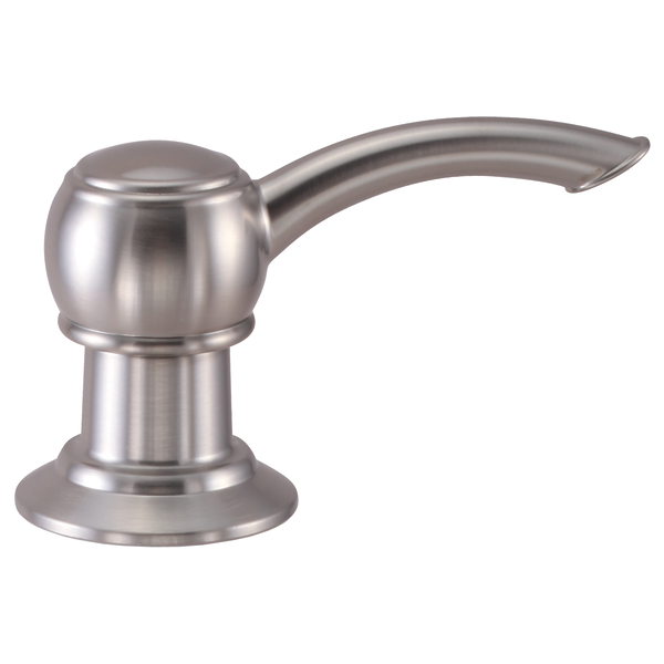 Brushed stainless steel soap dispenser with rounded pump head and curved spout on cylindrical base.