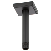 Matte black ceiling-mounted shower arm with square flange and threaded connector.