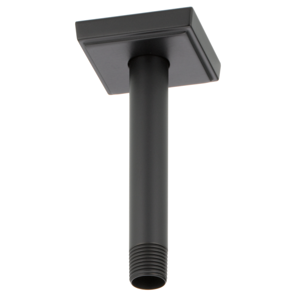 Matte black ceiling-mounted shower arm with square flange and threaded connector.