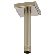 Brushed nickel ceiling mount shower arm with square flange, 6 inches long.