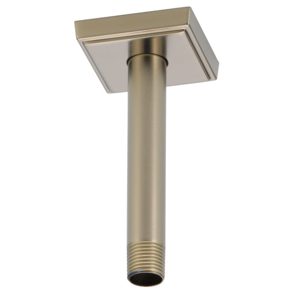 Brushed nickel ceiling mount shower arm with square flange, 6 inches long.