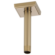 Luxe gold ceiling mount shower arm with square flange and threaded connection point.
