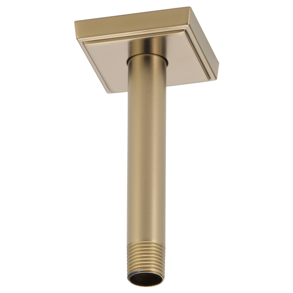 Luxe gold ceiling mount shower arm with square flange and threaded connection point.