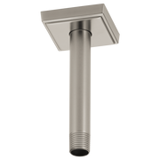 Brushed nickel ceiling-mount shower arm with square flange and threaded connector.