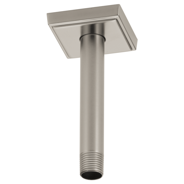 Brushed nickel ceiling-mount shower arm with square flange and threaded connector.
