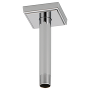 Chrome ceiling mount shower arm with square flange and 6-inch vertical pipe extension.