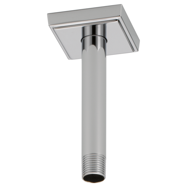 Chrome ceiling mount shower arm with square flange and 6-inch vertical pipe extension.