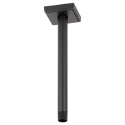 Matte black ceiling-mounted shower arm with square flange and threaded connector.