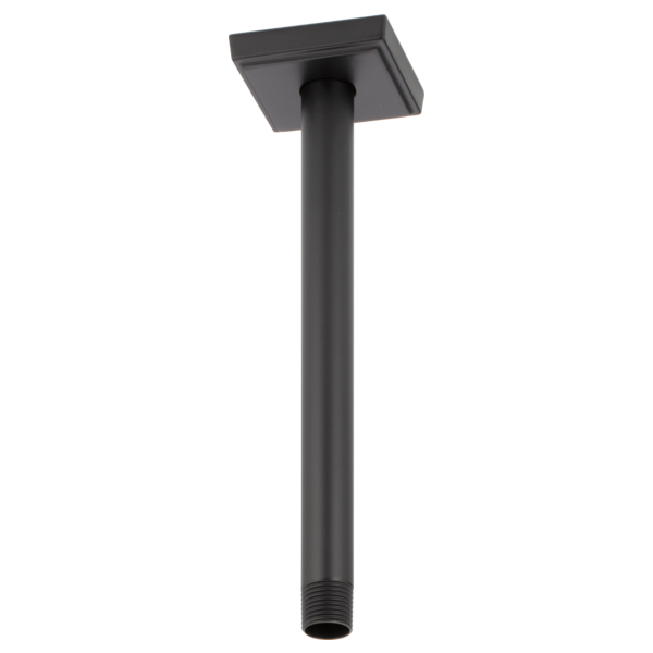 Matte black ceiling-mounted shower arm with square flange and threaded connector.
