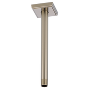 Brushed nickel ceiling-mount shower arm with square flange and threaded connector.