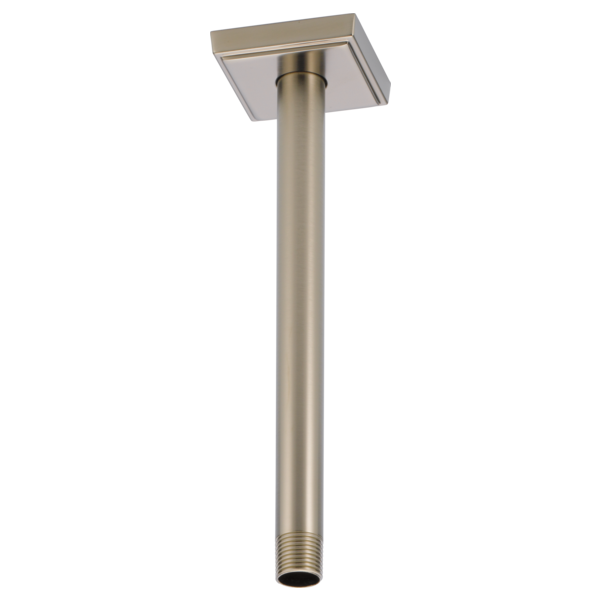 Brushed nickel ceiling-mount shower arm with square flange and threaded connector.