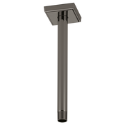 Black onyx ceiling mount shower arm with square flange and threaded connection end.
