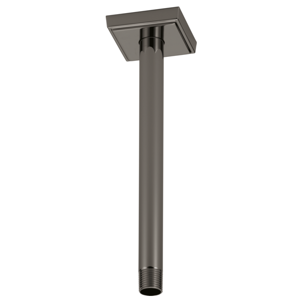 Black onyx ceiling mount shower arm with square flange and threaded connection end.