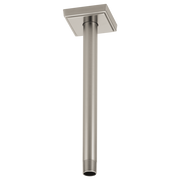 Brushed nickel ceiling-mount shower arm with square flange and threaded connector end.