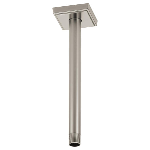 Brushed nickel ceiling-mount shower arm with square flange and threaded connector end.