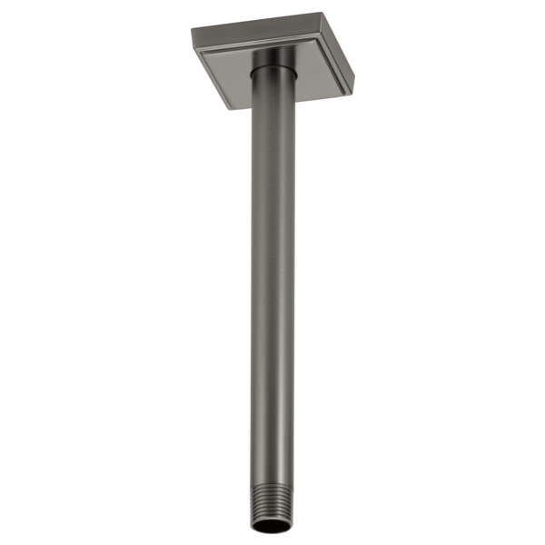 Luxe Steel ceiling mount shower arm with square flange and threaded connection end.