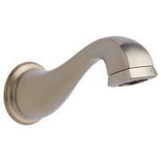 Brushed nickel tub spout assembly with curved arc design and wall-mounted flange connection.