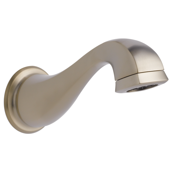 Brushed nickel tub spout assembly with curved arc design and wall-mounted flange connection.