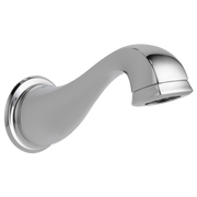 Chrome curved tub spout with wall-mounted base and angled outlet nozzle.