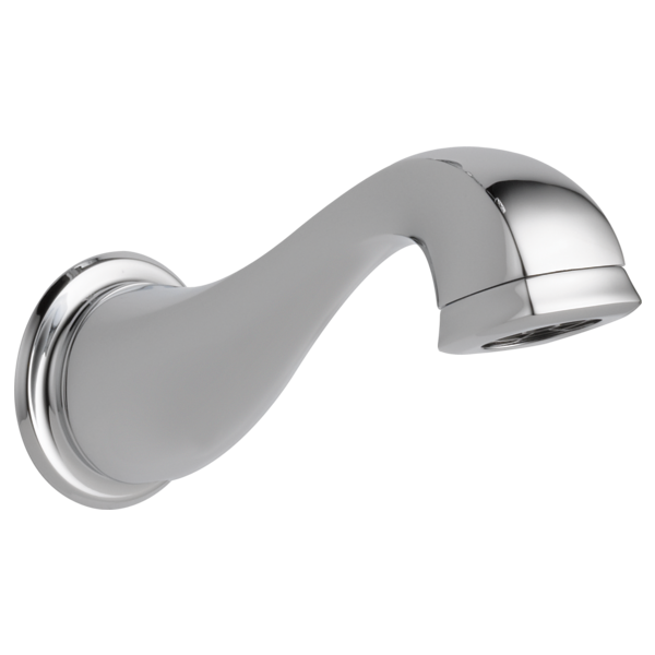 Chrome curved tub spout with wall-mounted base and angled outlet nozzle.
