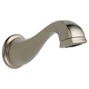 Polished nickel curved tub spout with wall-mounted round flange and angled chrome tip.