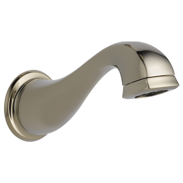 Polished nickel curved tub spout with wall-mounted round flange and angled chrome tip.