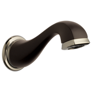 Curved tub spout with cocoa bronze finish and polished nickel trim, wall-mounted with angled discharge.