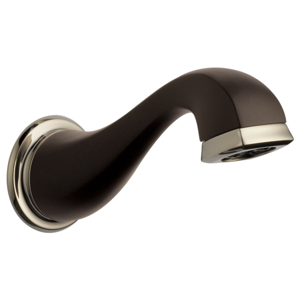 Curved tub spout with cocoa bronze finish and polished nickel trim, wall-mounted with angled discharge.