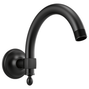 Matte black wall-mounted shower arm with curved spout and circular flange connector.