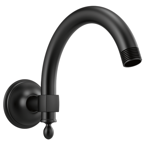 Matte black wall-mounted shower arm with curved spout and circular flange connector.