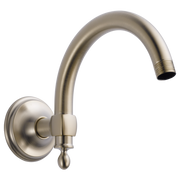 Brushed nickel wall-mounted shower arm with curved spout and circular flange plate.