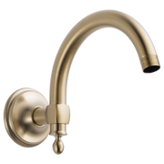 Gold-toned wall-mount shower arm with curved spout and circular flange, threaded connection at arm end.