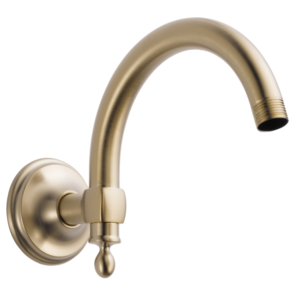 Gold-toned wall-mount shower arm with curved spout and circular flange, threaded connection at arm end.