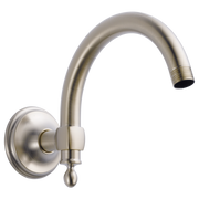 Brushed nickel wall-mounted shower arm with curved spout and circular flange, 10 inches long.